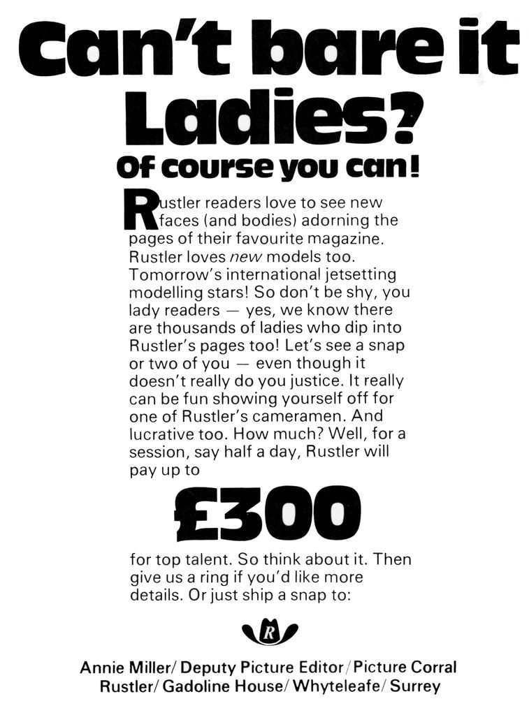Rustler magazine Volume 1 Number advert for ladies to model